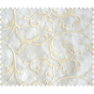 Cream on cream base small scroll leaves on stem continuous embroidery sheer curtain